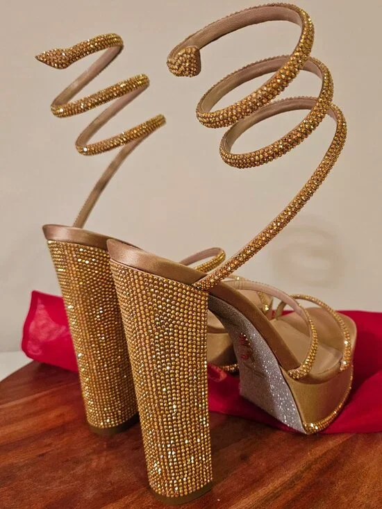 Rene Caovilla 38.5 Cleo Gold Platform Crystal Wrap Strap Sandal Block Heel Pump - Picture 4 of 12